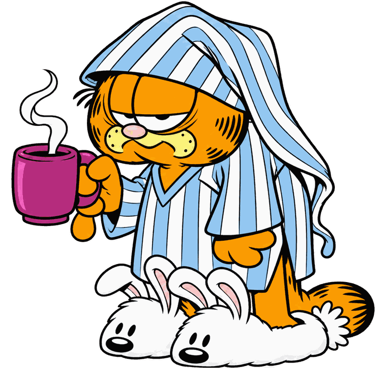 Illustrated mascot in striped pyjamas holding a mug of coffee